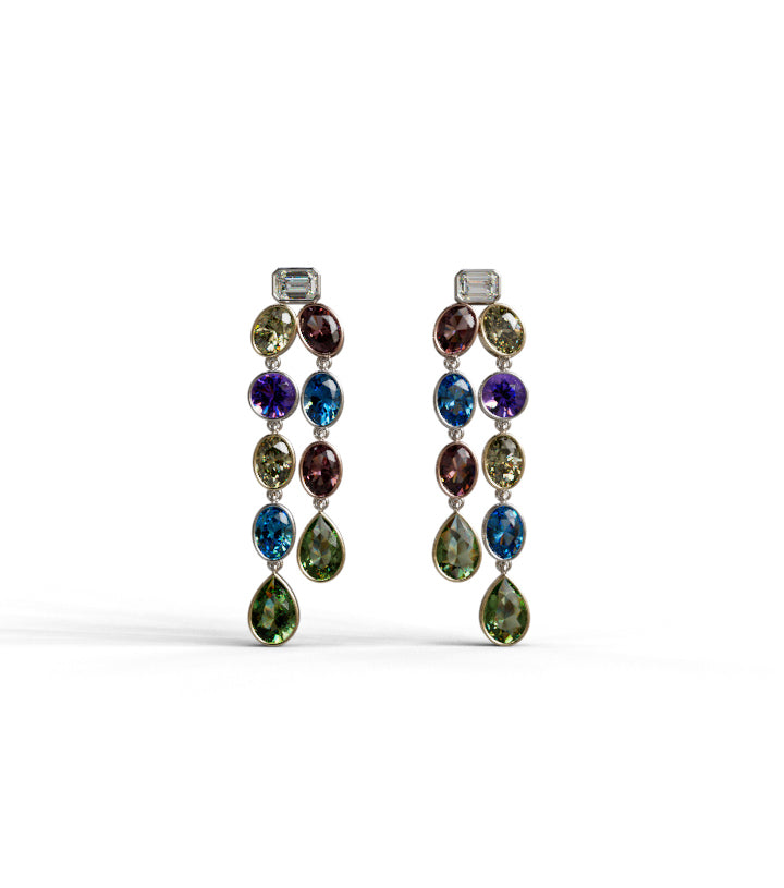 Diamond and Genuine Color Stones Double Bezel Dangle Earring image 0