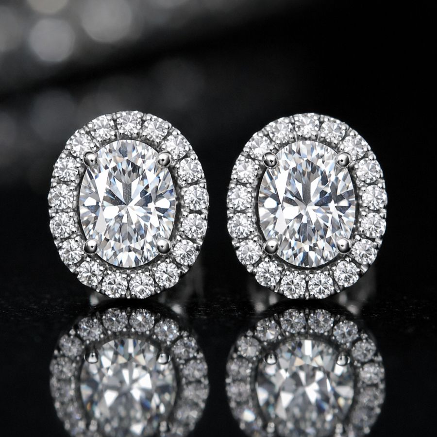 Oval Brilliance Diamond Halo Stud Earrings