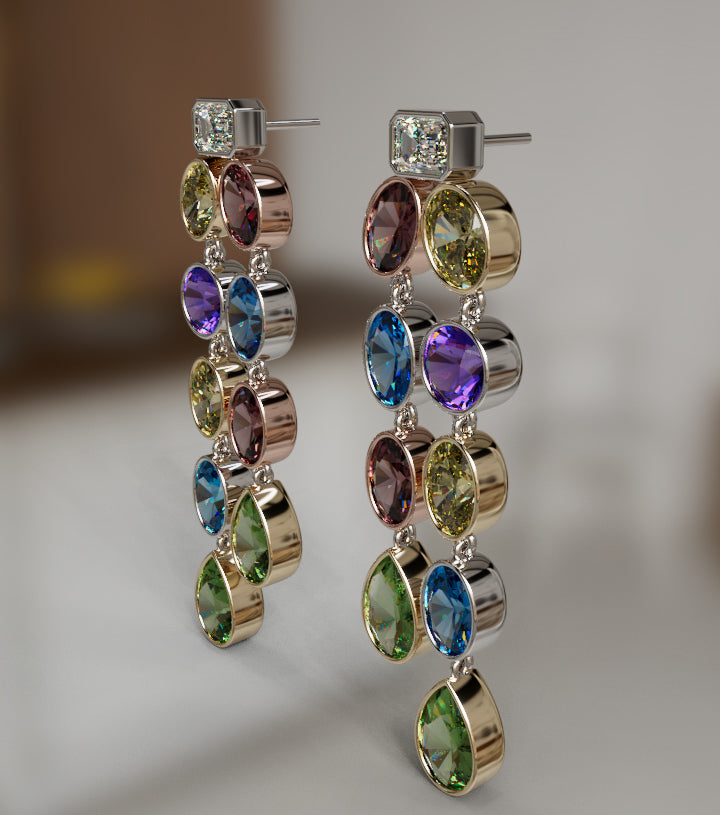 Diamond and Genuine Color Stones Double Bezel Dangle Earring image 5