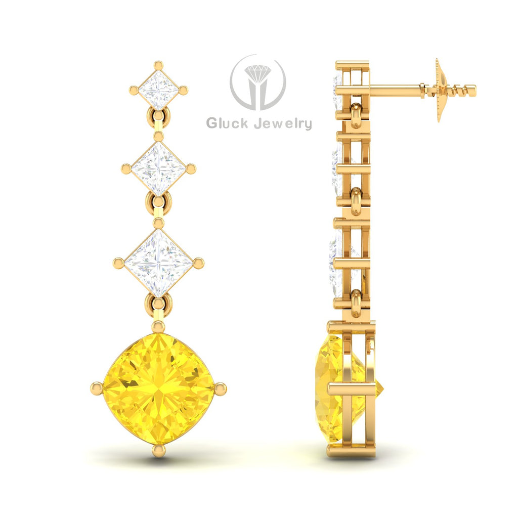 Princess & Cushion Drop Earring with Yellow Sapphire image 0