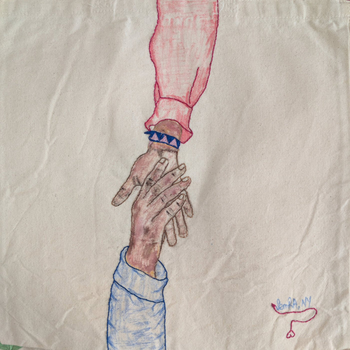 Reaching hands, hand embroidery and drawing on canvas