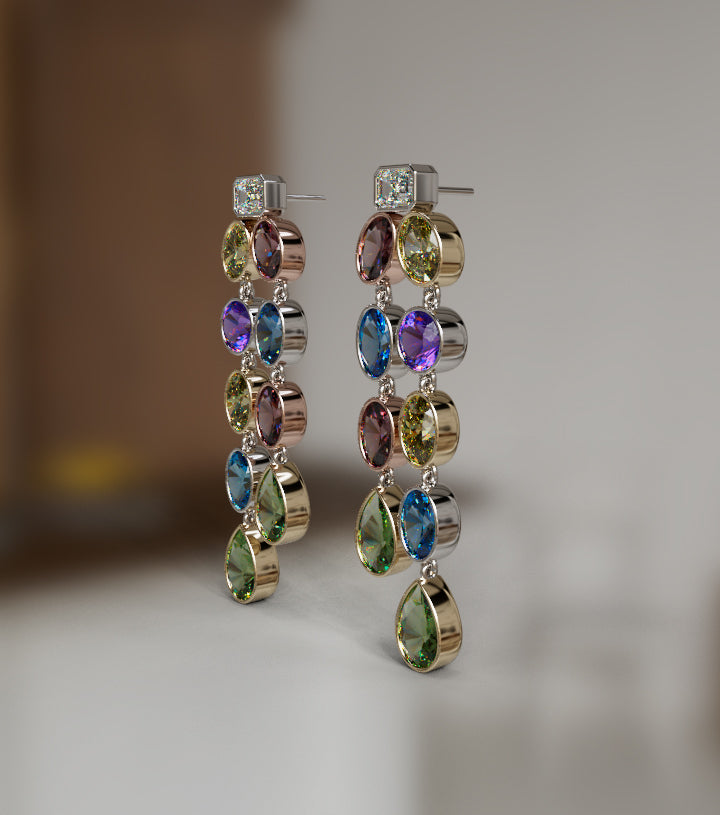 Diamond and Genuine Color Stones Double Bezel Dangle Earring image 7