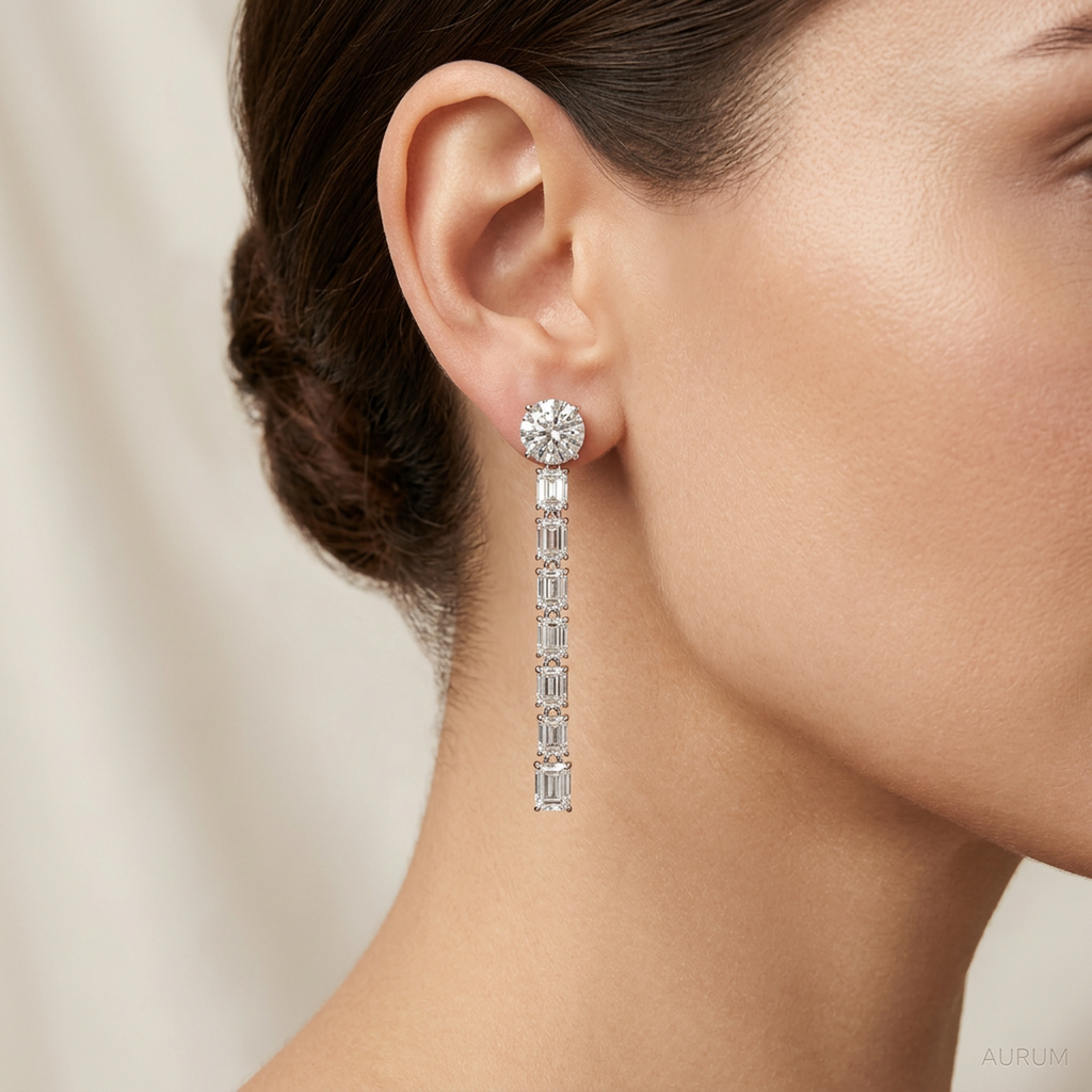 1ct Round Diamond Emerald Cut Line Drop Earring