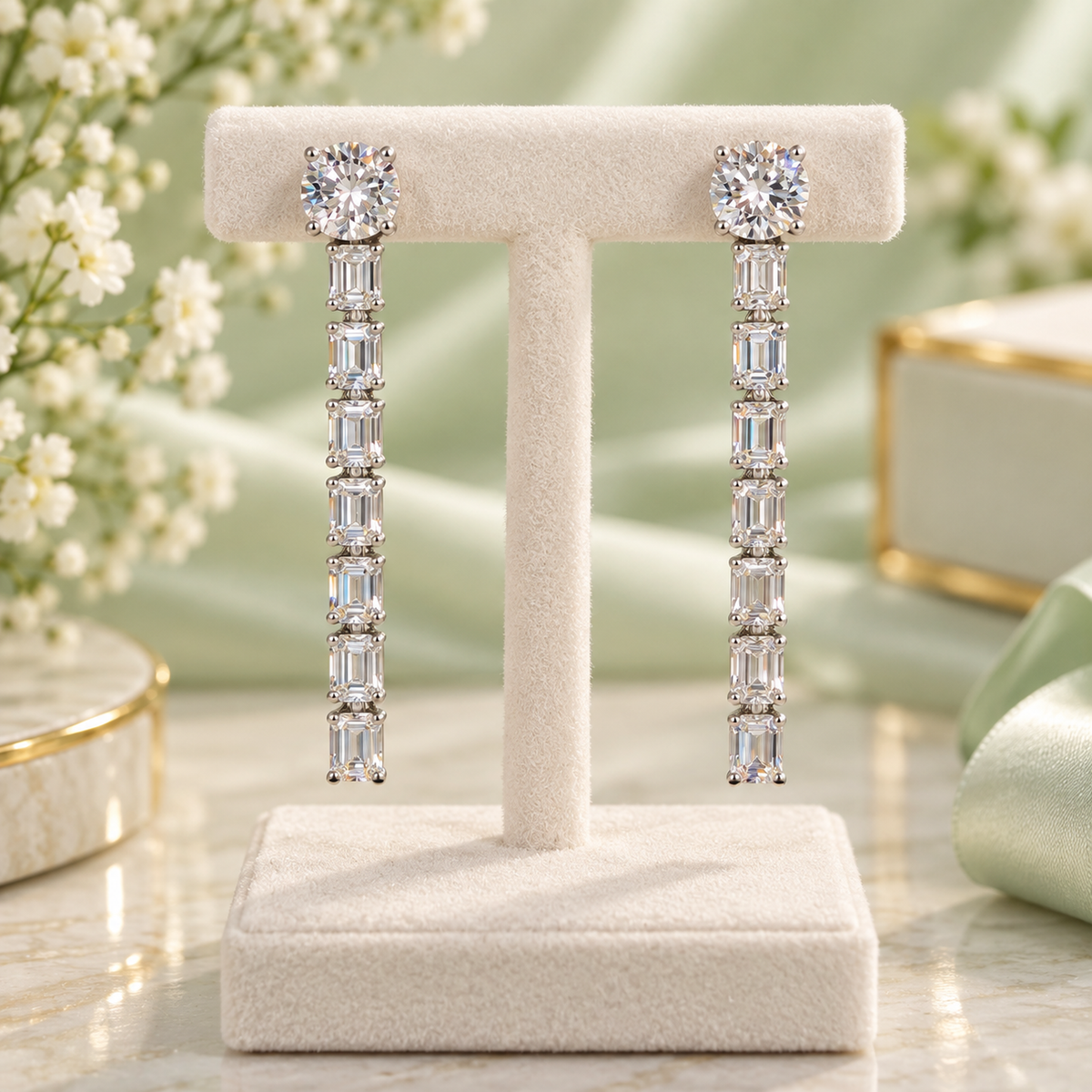 1ct Round Diamond Emerald Cut Line Drop Earring