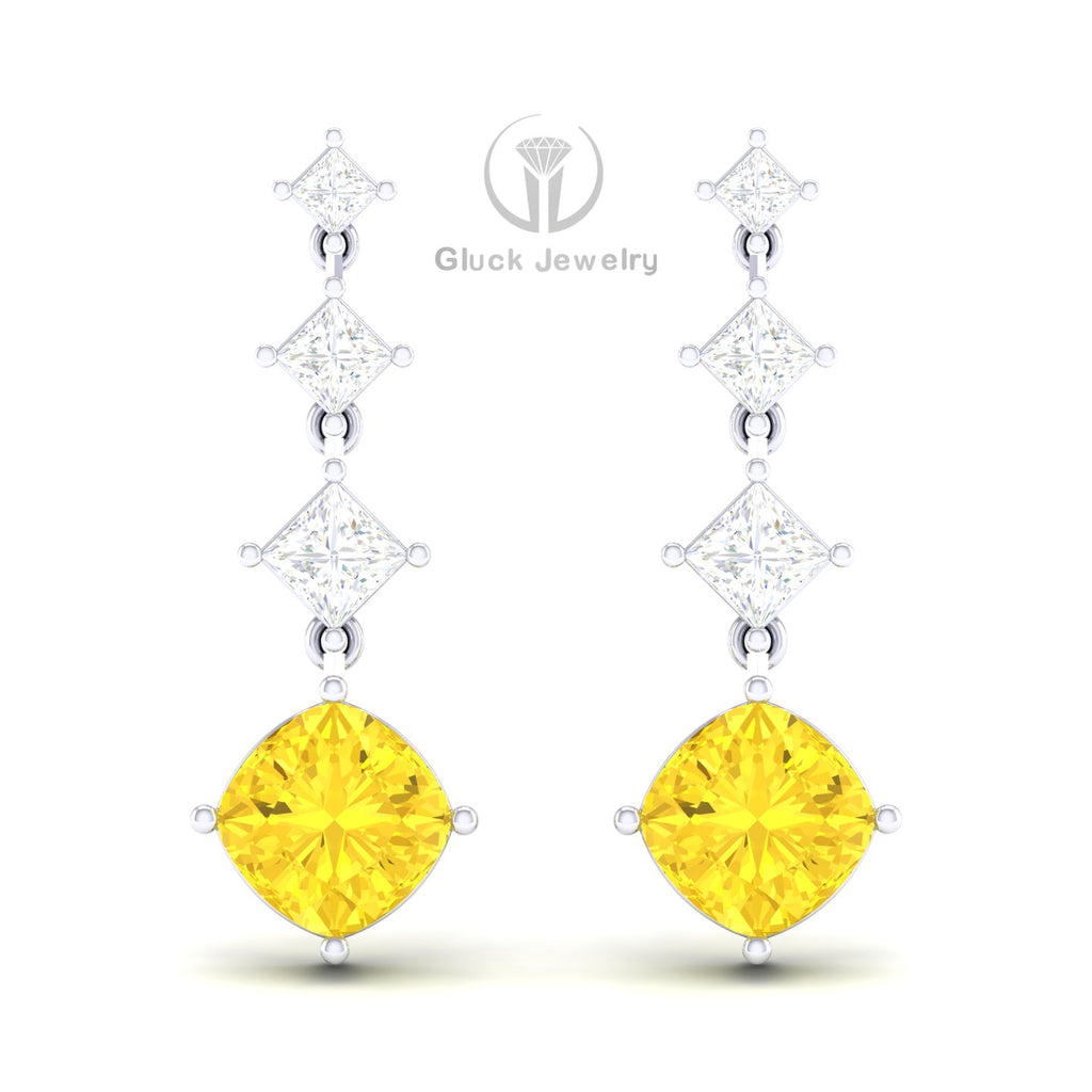 Princess & Cushion Drop Earring with Yellow Sapphire image 4