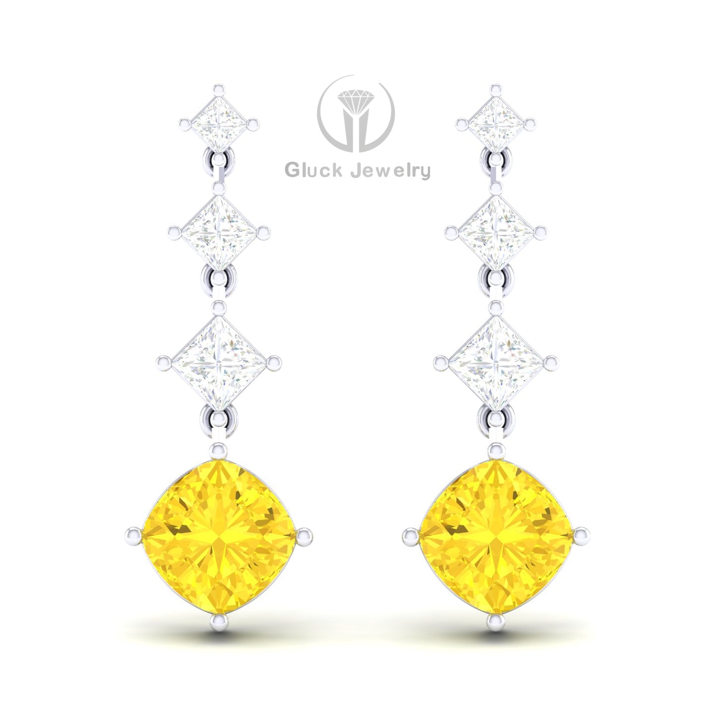 Princess & Cushion Drop Earring with Yellow Sapphire image 4