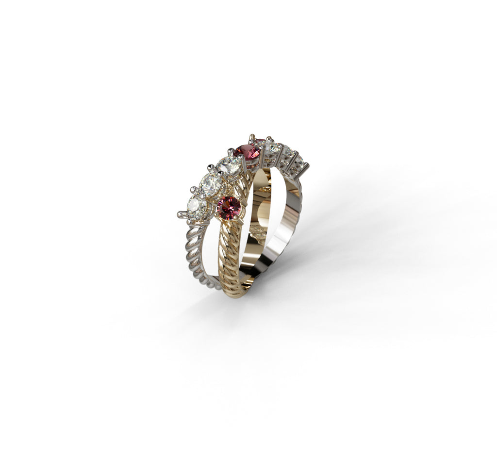 Rope Design Fancy Genuine Garnet and Diamond Criss Cross Ring image 1
