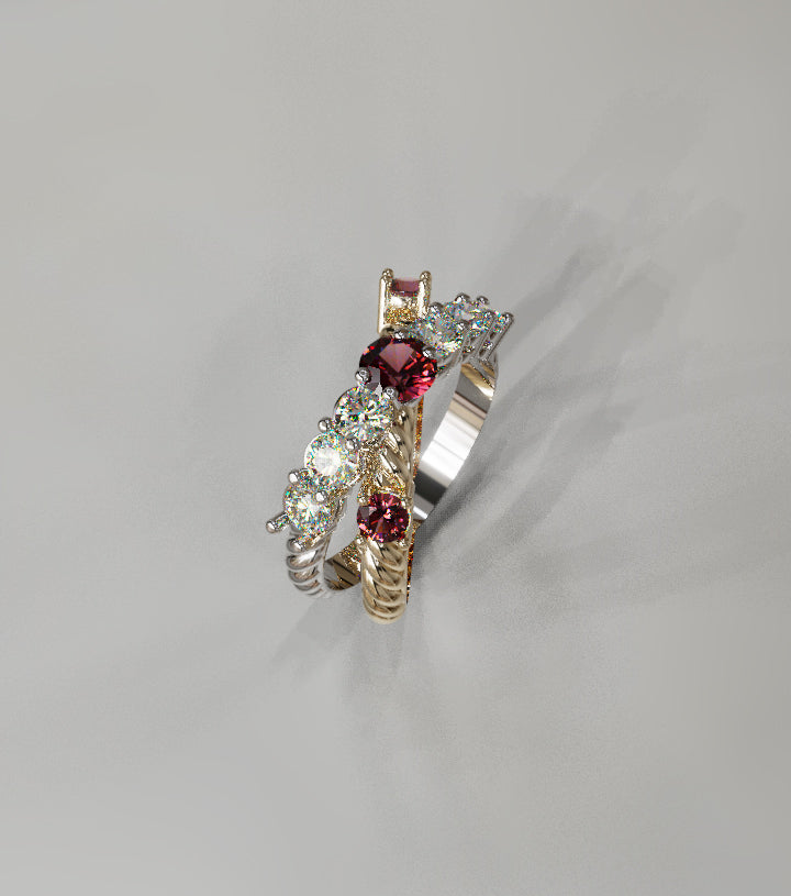 Rope Design Fancy Genuine Garnet and Diamond Criss Cross Ring image 8