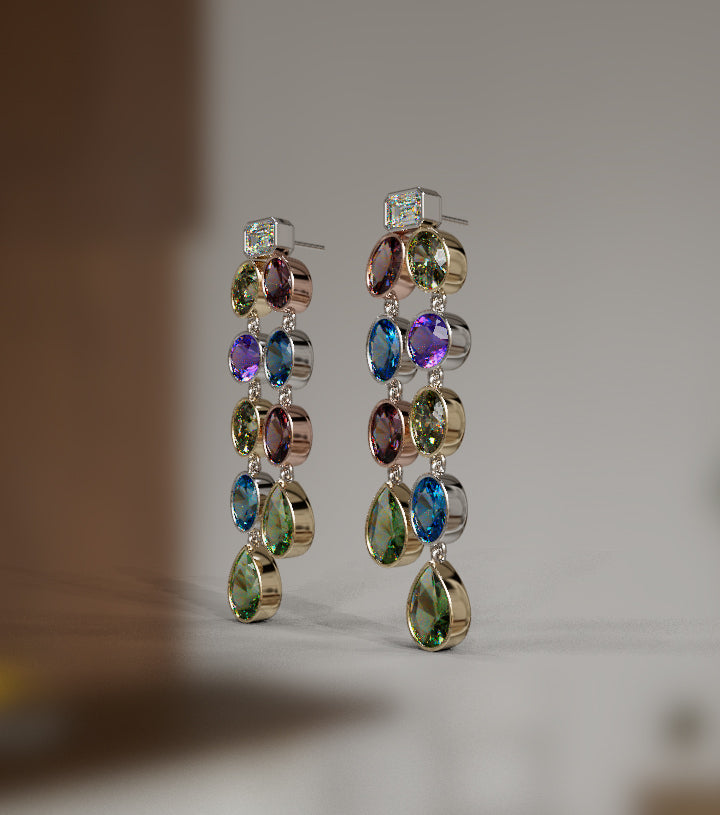 Diamond and Genuine Color Stones Double Bezel Dangle Earring image 4