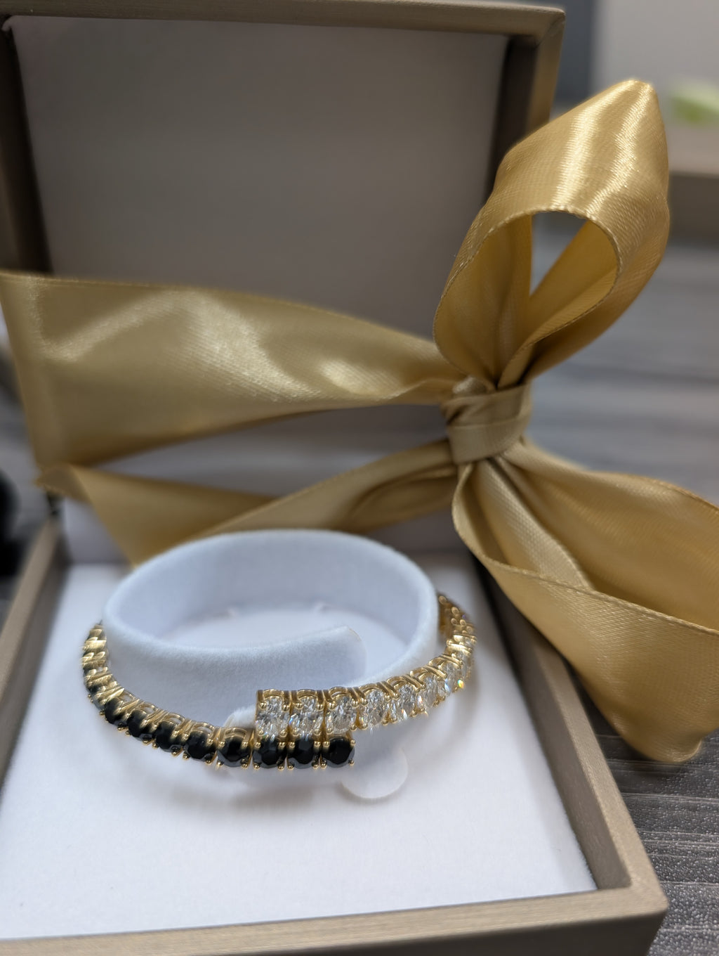 Round Black Onyx and Oval Diamond Bangle image 3