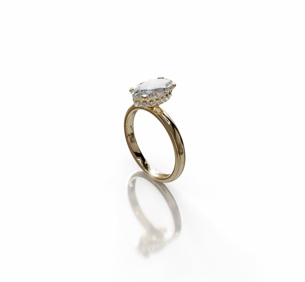 2ct Marquise Cut Hidden Halo Lab Grown Diamond Engagement Ring side view in yellow gold white background