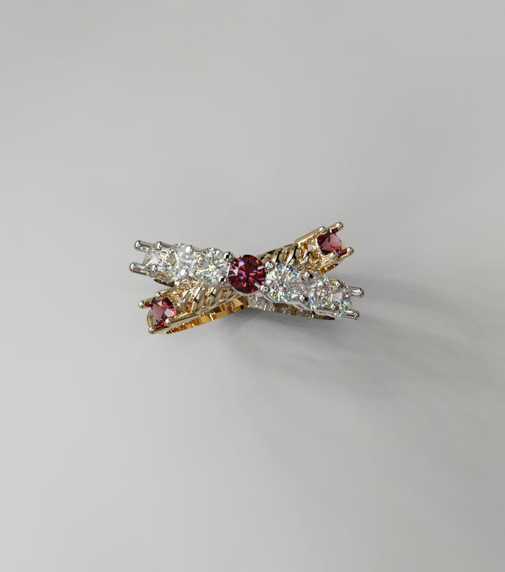Rope Design Fancy Genuine Garnet and Diamond Criss Cross Ring image 6