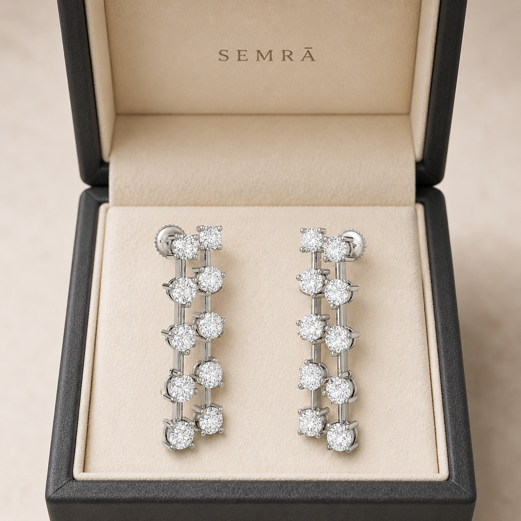 3.75 CTW double-row diamond dangle earrings in a SEMRĀ presentation box