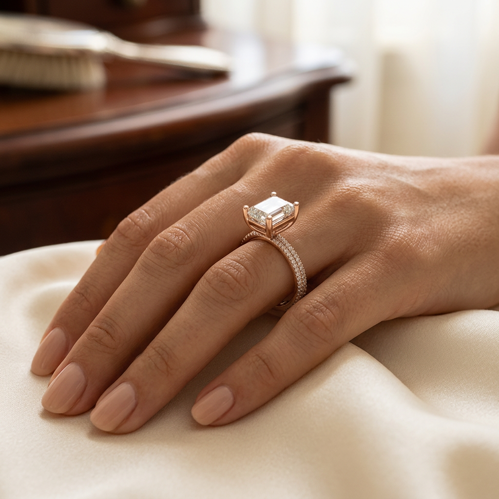 3.5ct Emerald Cut Double Row Pavé Diamond Engagement Ring