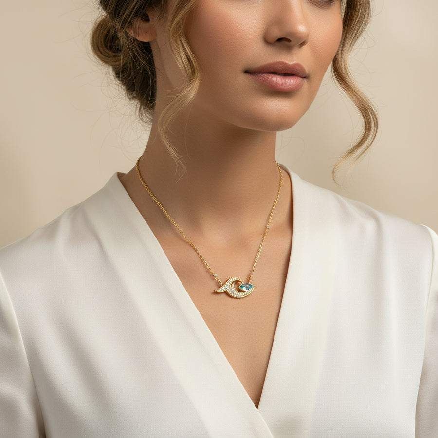 Ocean Whisper Pendant – Gold & Blue Topaz Necklace
