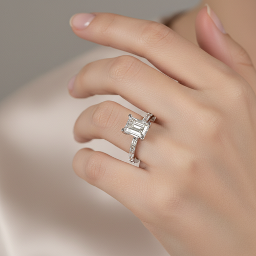 3ct Emerald Cut Lab Grown Diamond Engagement Ring with Emerald Cut Side Stones on hand wearing