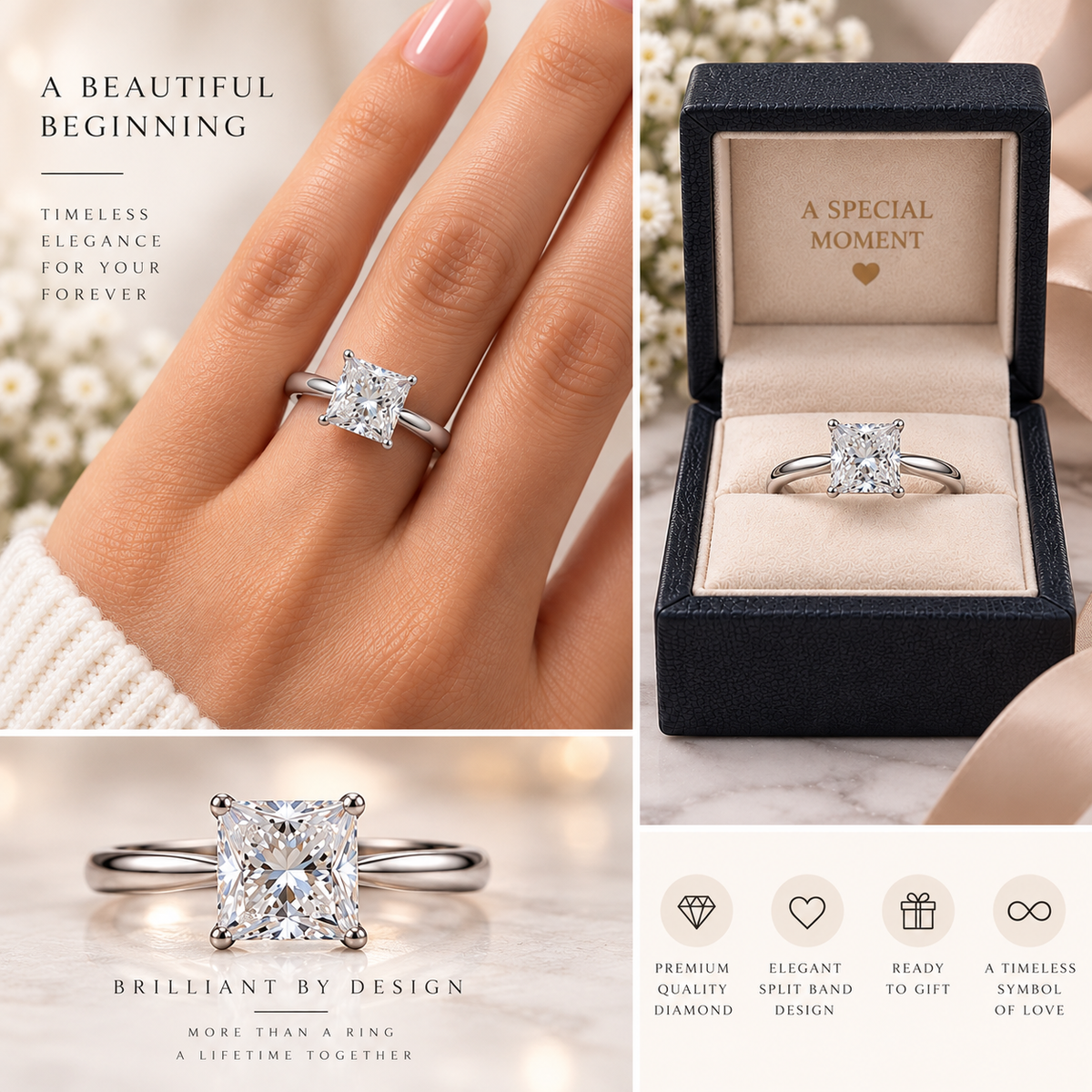 3ct Princess Cut Hidden Halo Lab Grown Diamond Engagement Ring