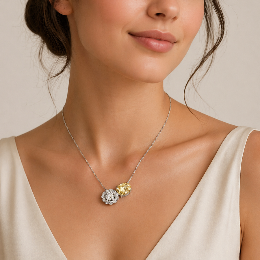 3ct Yellow Diamond & 1ct Halo Diamond Toi et Moi Pendant