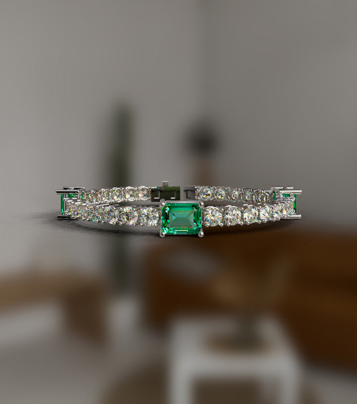 Emerald Cut Green Stone and Diamond Tennis Bracelet image 4