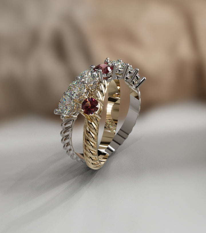 Rope Design Fancy Genuine Garnet and Diamond Criss Cross Ring image 3