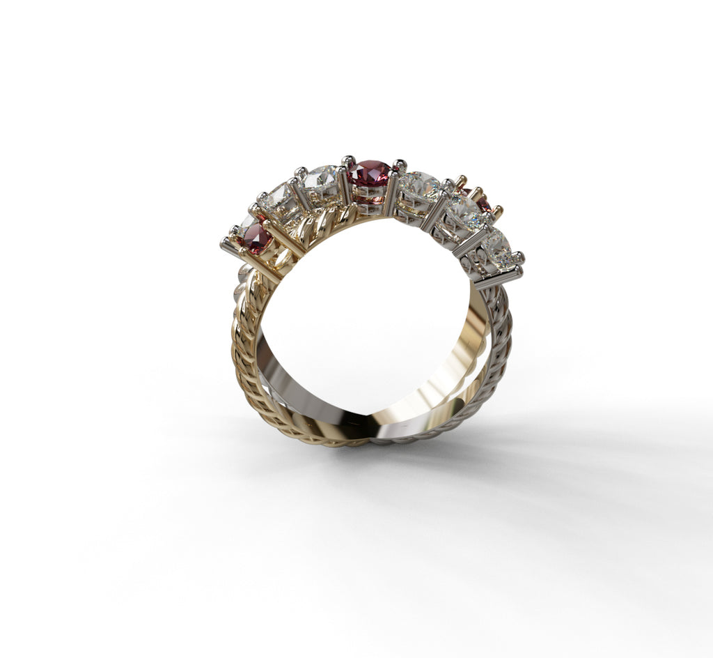 Rope Design Fancy Genuine Garnet and Diamond Criss Cross Ring image 2