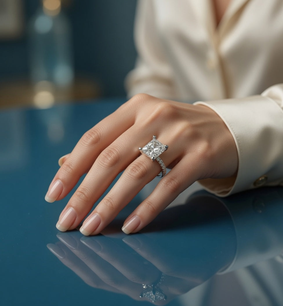 4ct Radiant Cut Micro Pavé Lab Grown Diamond Engagement Ring on a hand wearing