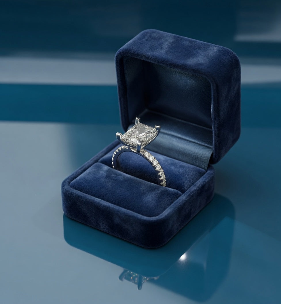 4ct Radiant Cut Micro Pavé Lab Grown Diamond Engagement Ring in a blue box