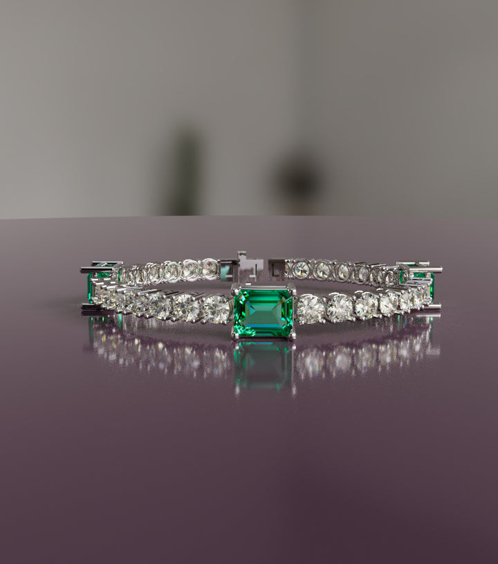 Emerald Cut Green Stone and Diamond Tennis Bracelet image 2
