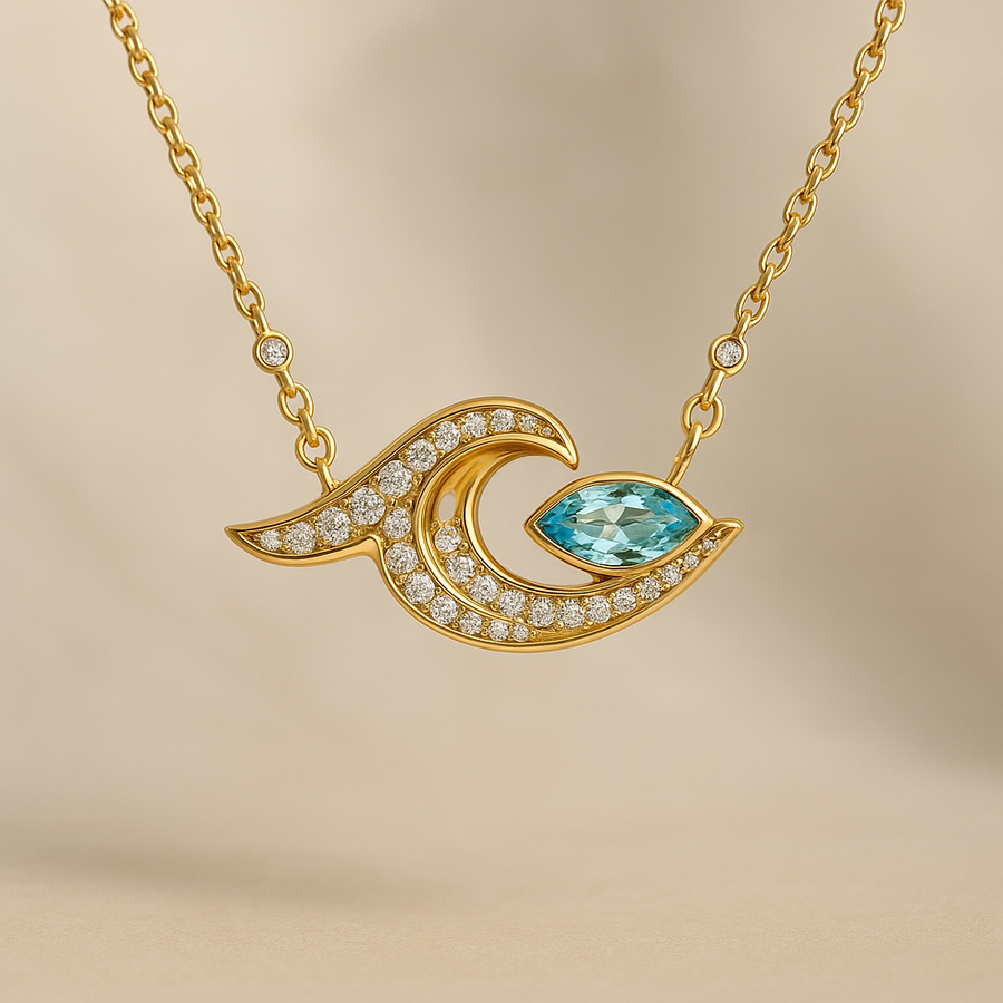 Ocean Whisper Pendant – Gold & Blue Topaz Necklace