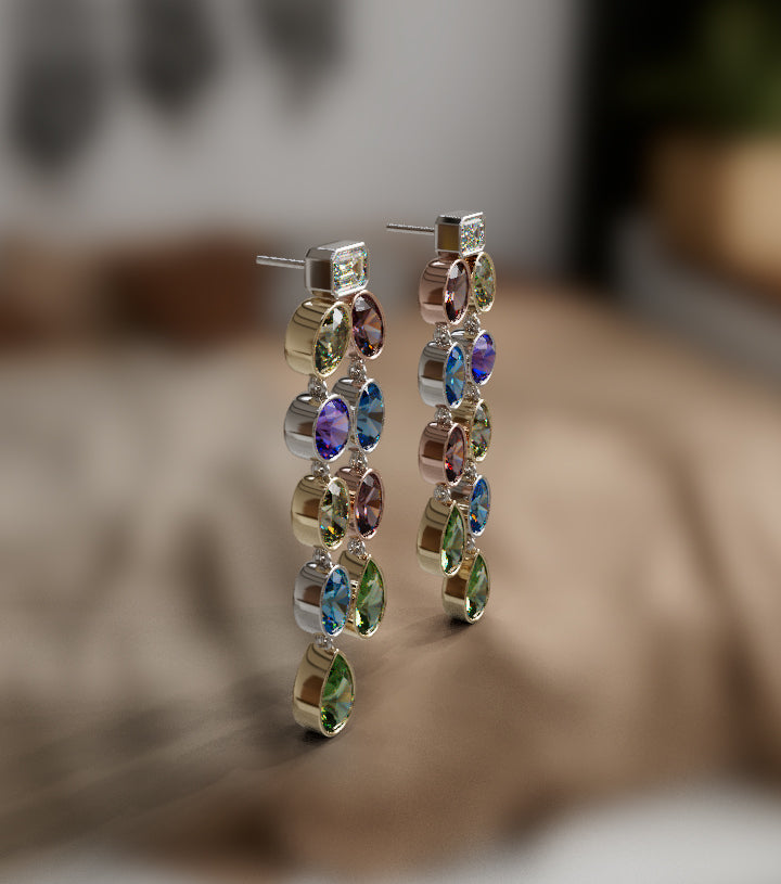 Diamond and Genuine Color Stones Double Bezel Dangle Earring image 2