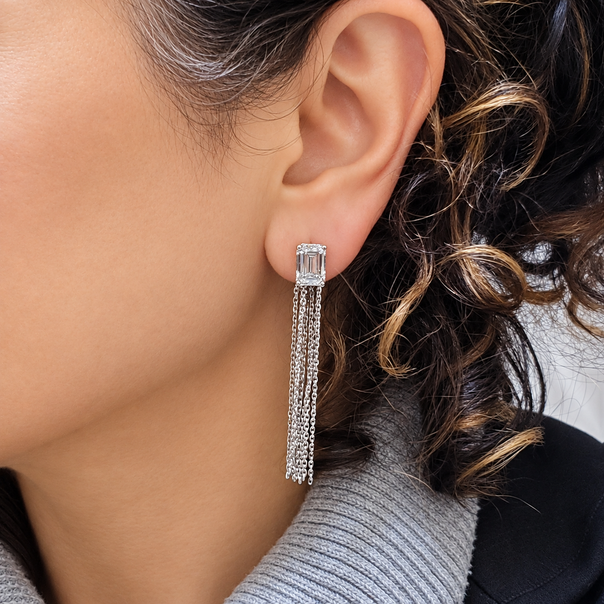 5ct Emerald Cut Diamond Chain Tassel Earring
