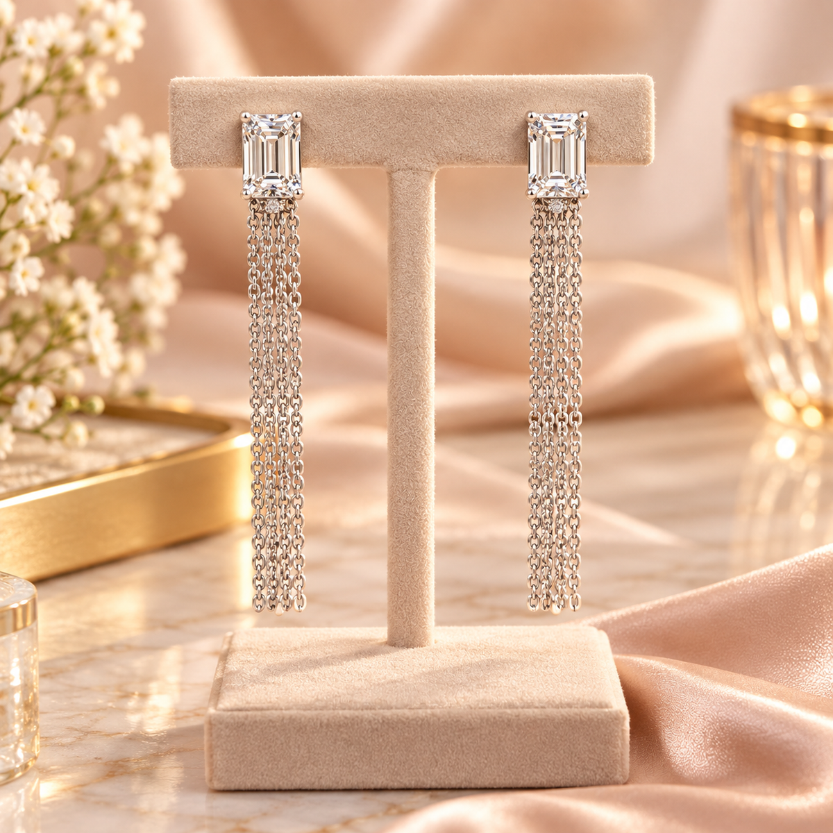 5ct Emerald Cut Diamond Chain Tassel Earring