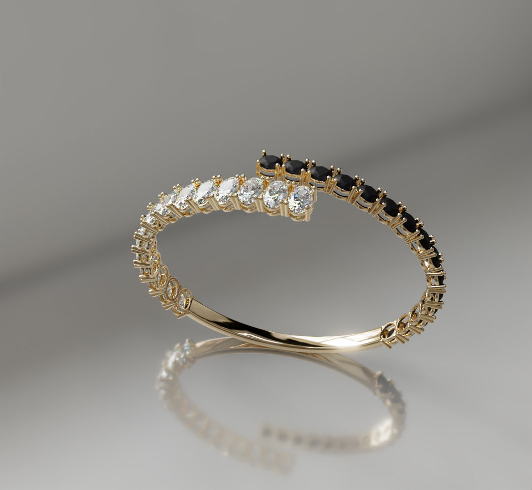 Round Black Onyx and Oval Diamond Bangle image 5