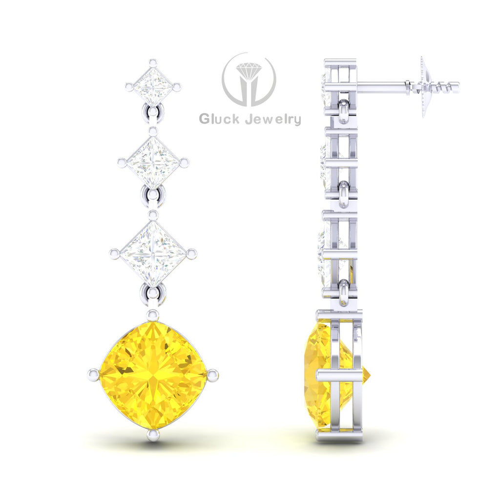 Princess & Cushion Drop Earring with Yellow Sapphire image 2