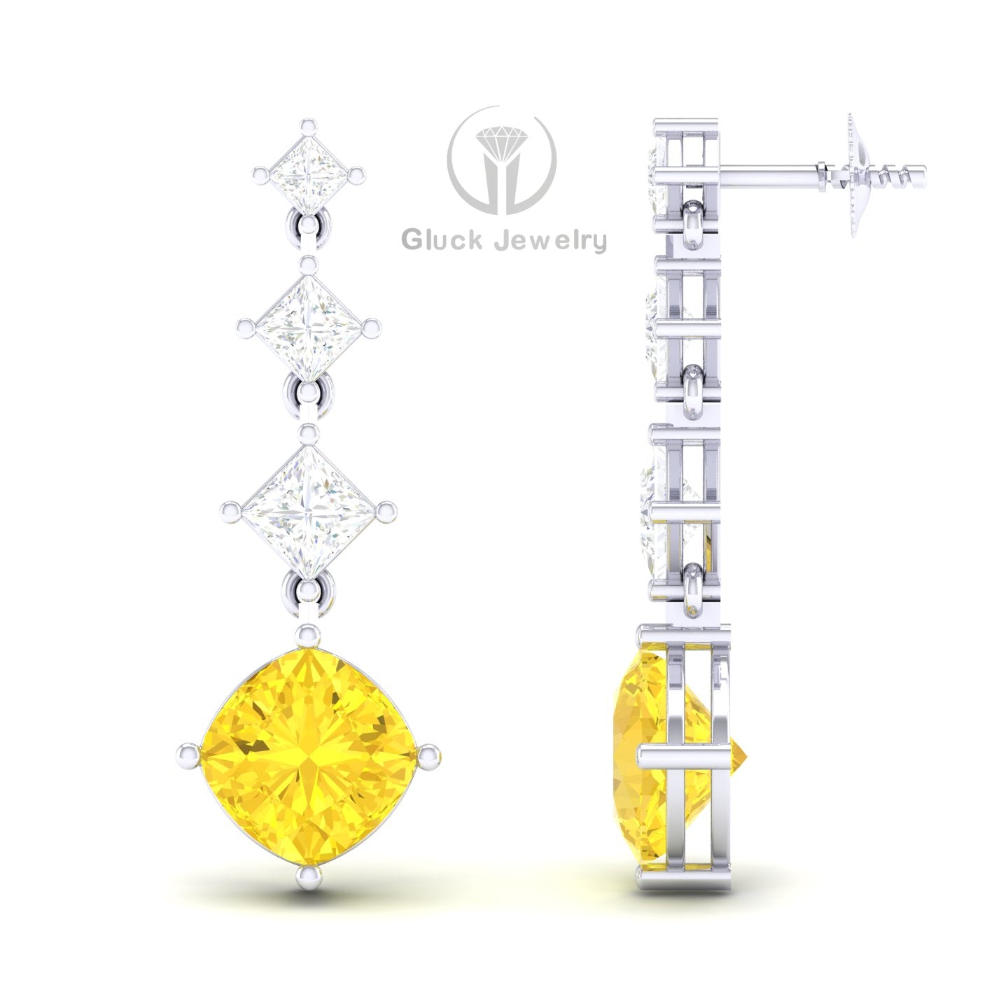 Princess & Cushion Drop Earring with Yellow Sapphire image 2
