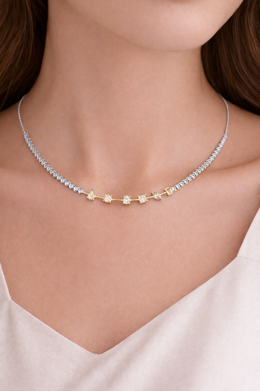 Fancy Link Two Tone Tennis Necklace
