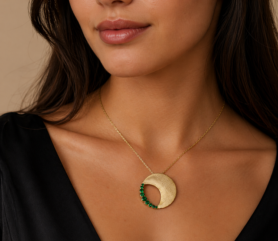 Half Moon Cross Satin Round Cut Emerald Pendant