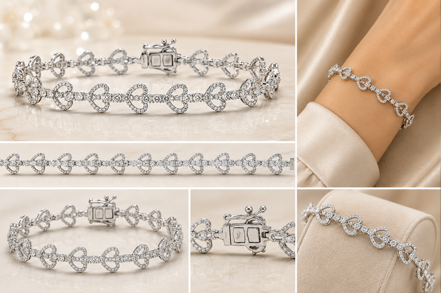 Tennis Bracelet with Diamond Heart & Round Diamond in 14kt White Gold