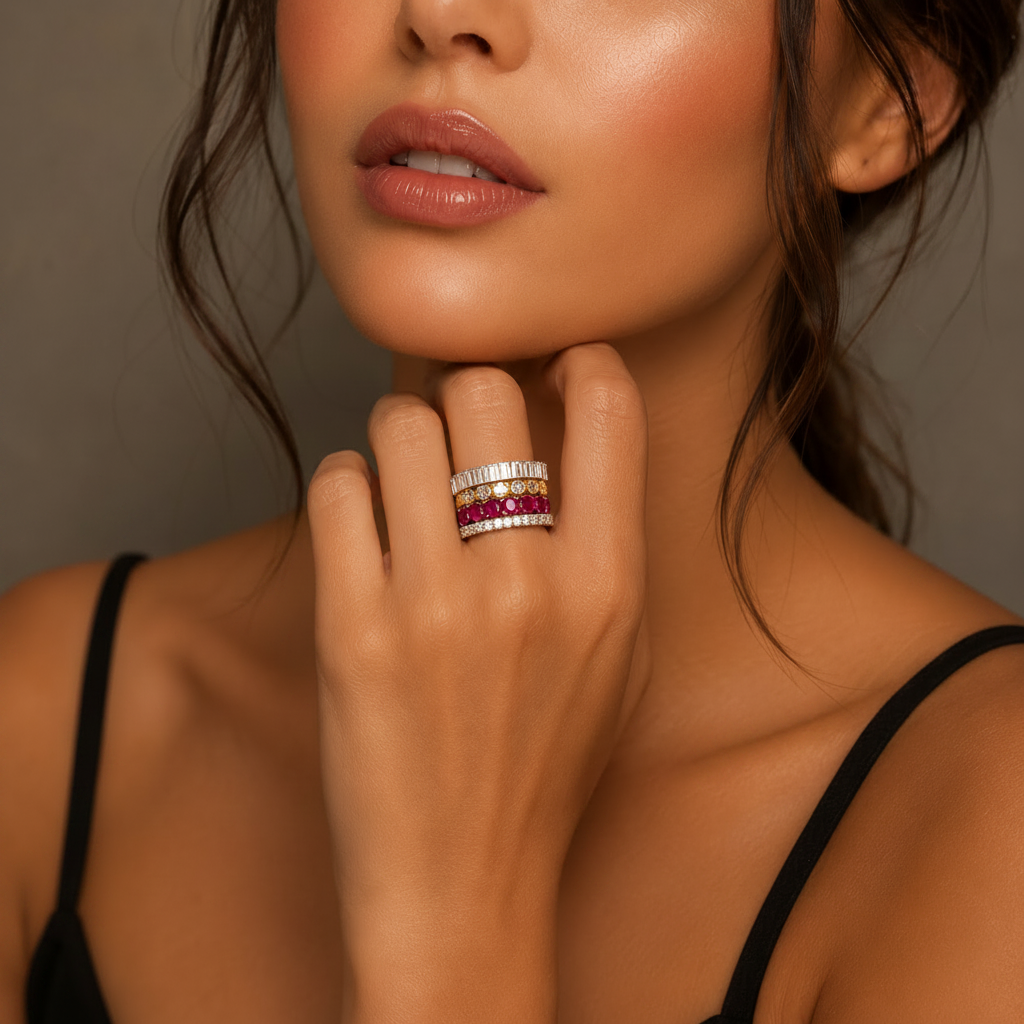 Double Row Diamond and Genuine Garnet Wedding Band