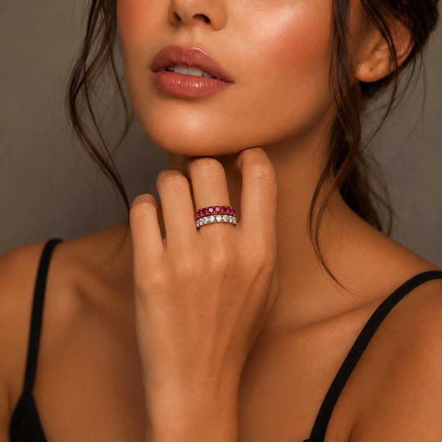 Double Row Diamond and Genuine Garnet Wedding Band