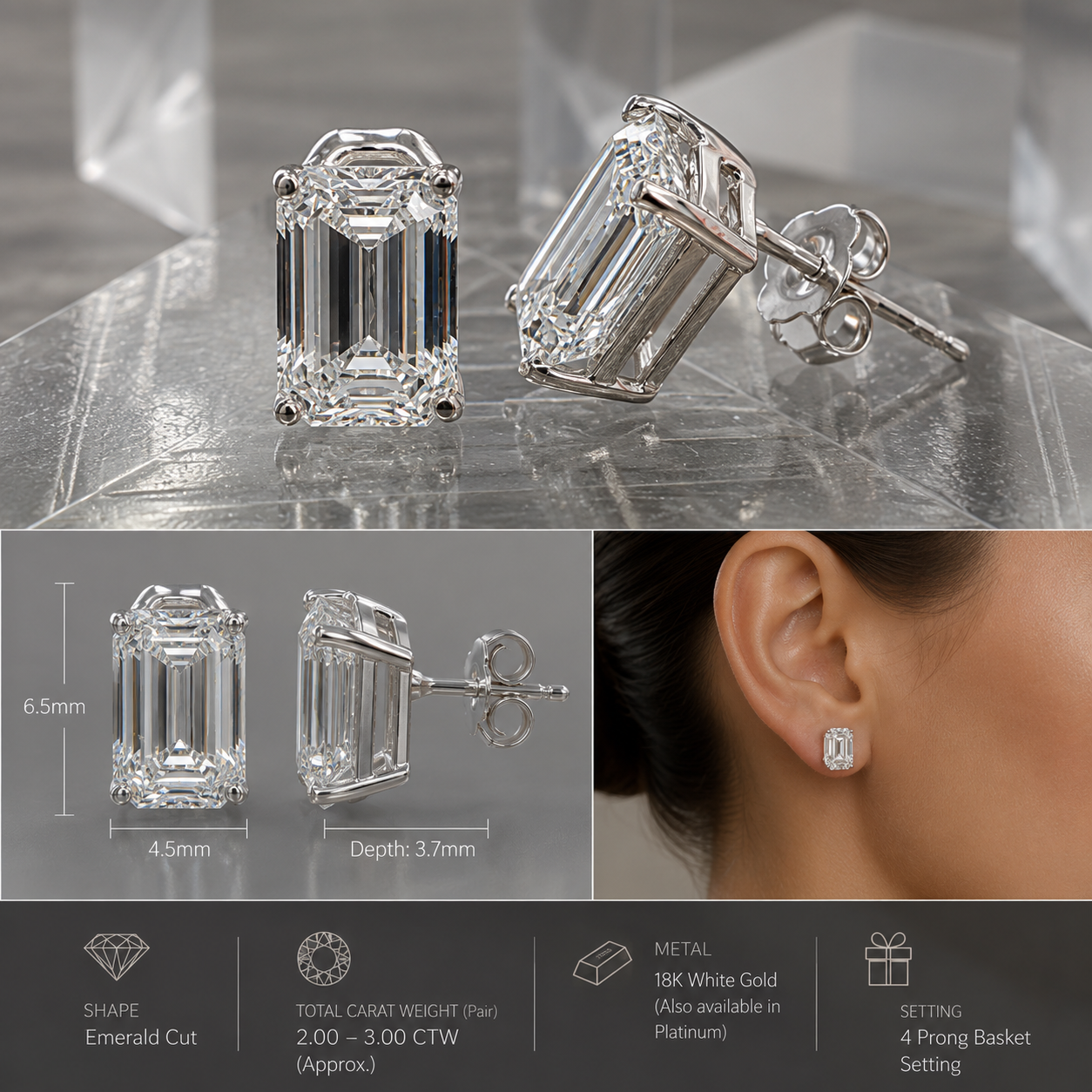 Emerald Cut Diamond Stud Earring