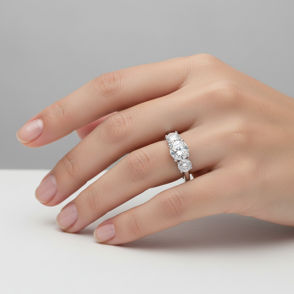 Classic Basket Three Stone Diamond Engagement Ring worn on hand
