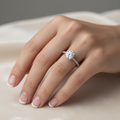Classic Micro Pavé Diamond Engagement Ring Hand wearing on a neutral background
