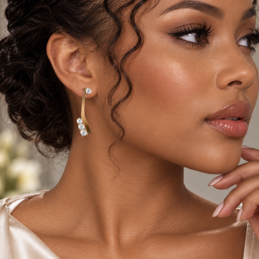 Curved Round Diamond Drop Earrings