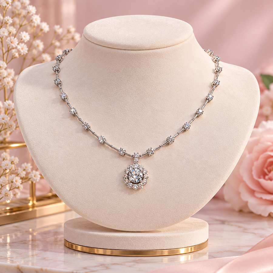 Diamond Link Necklace with 1 Carat Center Halo Pendant