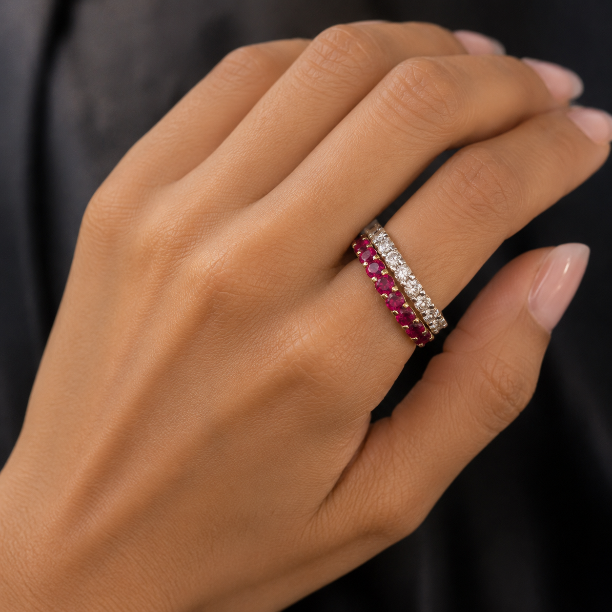Double Row Diamond and Genuine Garnet Wedding Band
