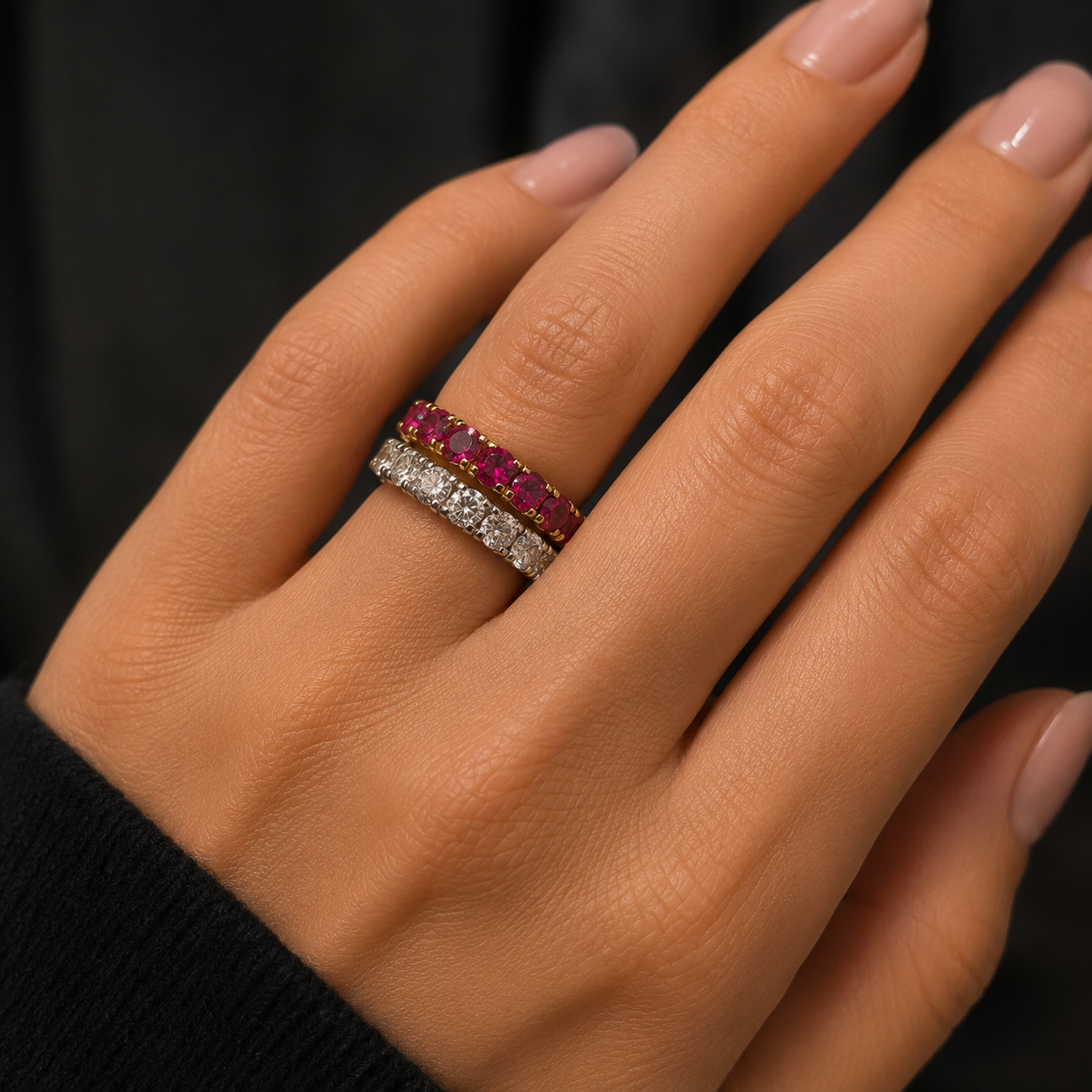 Double Row Diamond and Genuine Garnet Wedding Band