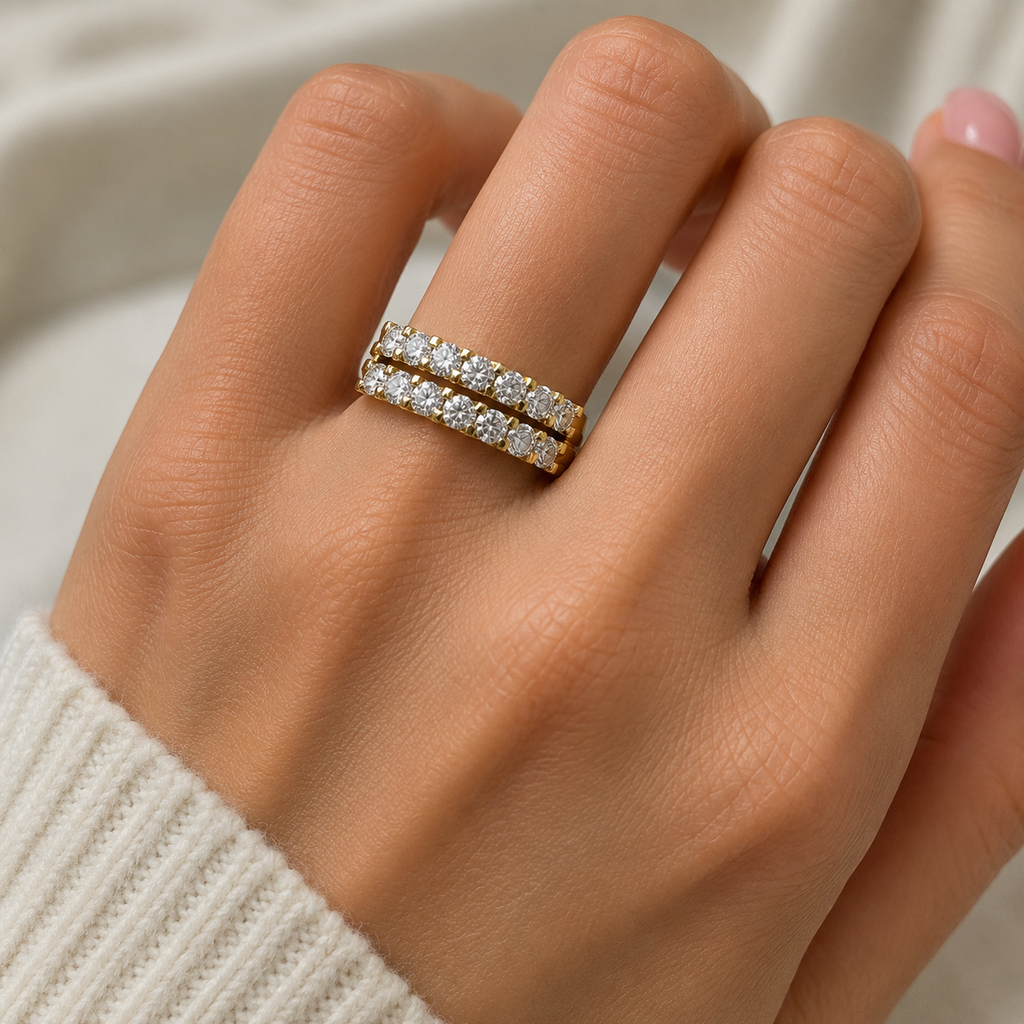 Double Row Diamond and Genuine Garnet Wedding Band