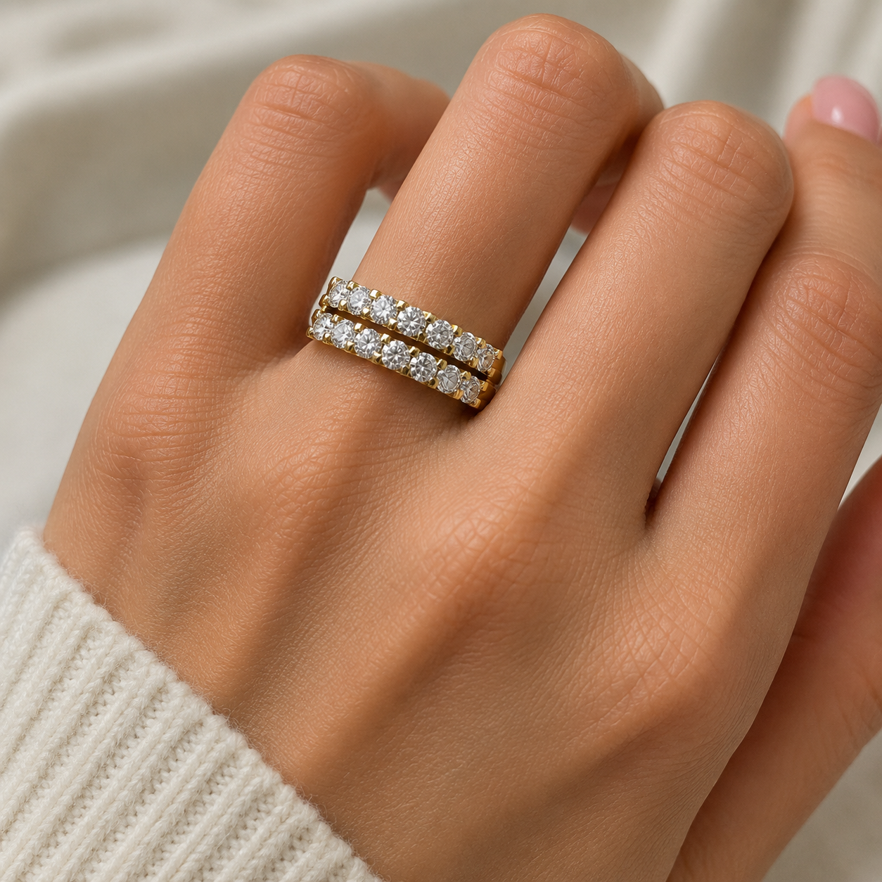 Double Row Diamond and Genuine Garnet Wedding Band