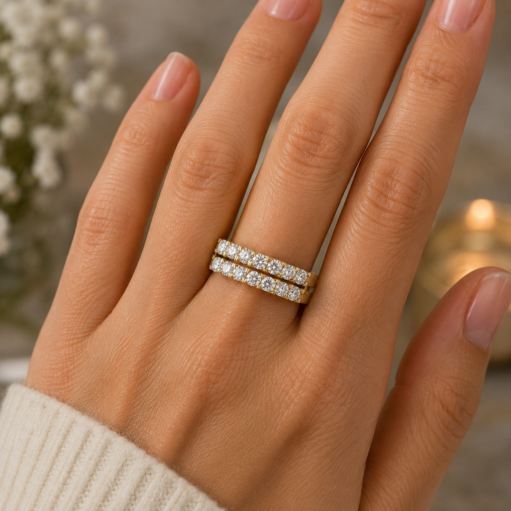 Double Row Diamond and Genuine Garnet Wedding Band